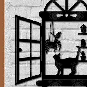 Intra απο ξύλο plywood 3mm-4mm πάχος Γραφικό σχέδιο διακόσμησης τοίχου γάτα σε παράθυρο Δίασταση 40x40 cm INTRAFABR-112921654