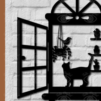 Intra απο ξύλο plywood 3mm-4mm πάχος Γραφικό σχέδιο διακόσμησης τοίχου γάτα σε παράθυρο Δίασταση 40x40 cm INTRAFABR-112921654 - Image 1