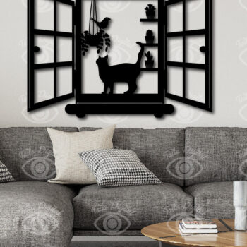 Intra απο ξύλο plywood 3mm-4mm πάχος Γραφικό σχέδιο διακόσμησης τοίχου γάτα σε παράθυρο Δίασταση 40x40 cm INTRAFABR-112921654 - Image 2