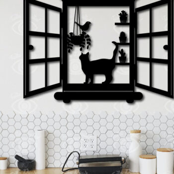 Intra απο ξύλο plywood 3mm-4mm πάχος Γραφικό σχέδιο διακόσμησης τοίχου γάτα σε παράθυρο Δίασταση 40x40 cm INTRAFABR-112921654 - Image 3