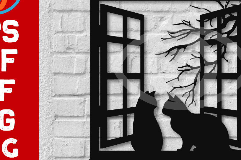 Intra απο ξύλο plywood 3mm-4mm πάχος Σχέδιο διακόσμησης τοίχου γάτα σε παράθυρο Δίασταση 40x40 cm INTRAFABR-68965502