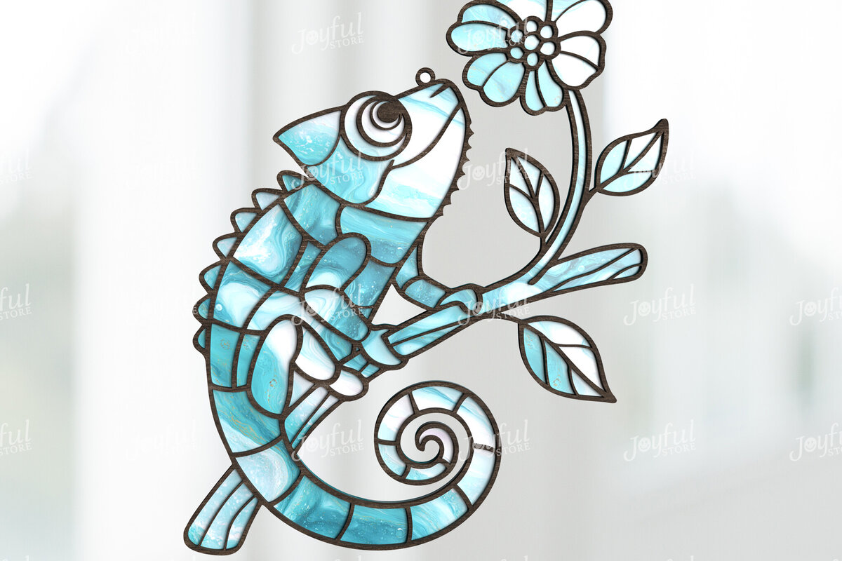 Intra απο ξύλο plywood 3mm-4mm πάχος Chameleon & Flower Suncatcher Δίασταση 30x20 cm INTRAFABR-124400840