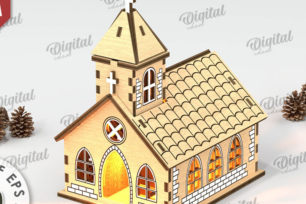 Intra απο ξύλο plywood 3mm-4mm πάχος Χριστουγεννιάτικη εκκλησία. Xmas Village Δίασταση 15x15 cm INTRAFABR-110110460