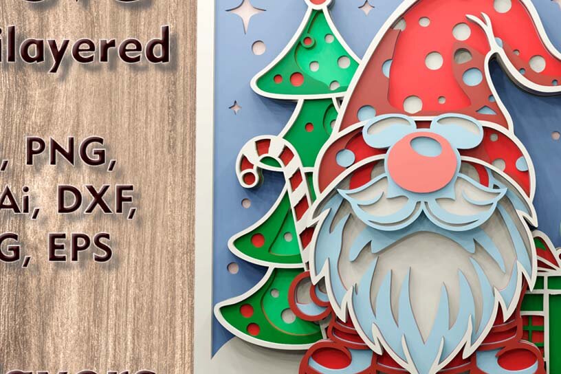 Intra απο ξύλο plywood 3mm-4mm πάχος Christmas Gnome 3D Multilayered Δίασταση 10x10 cm INTRAFABR-108890368