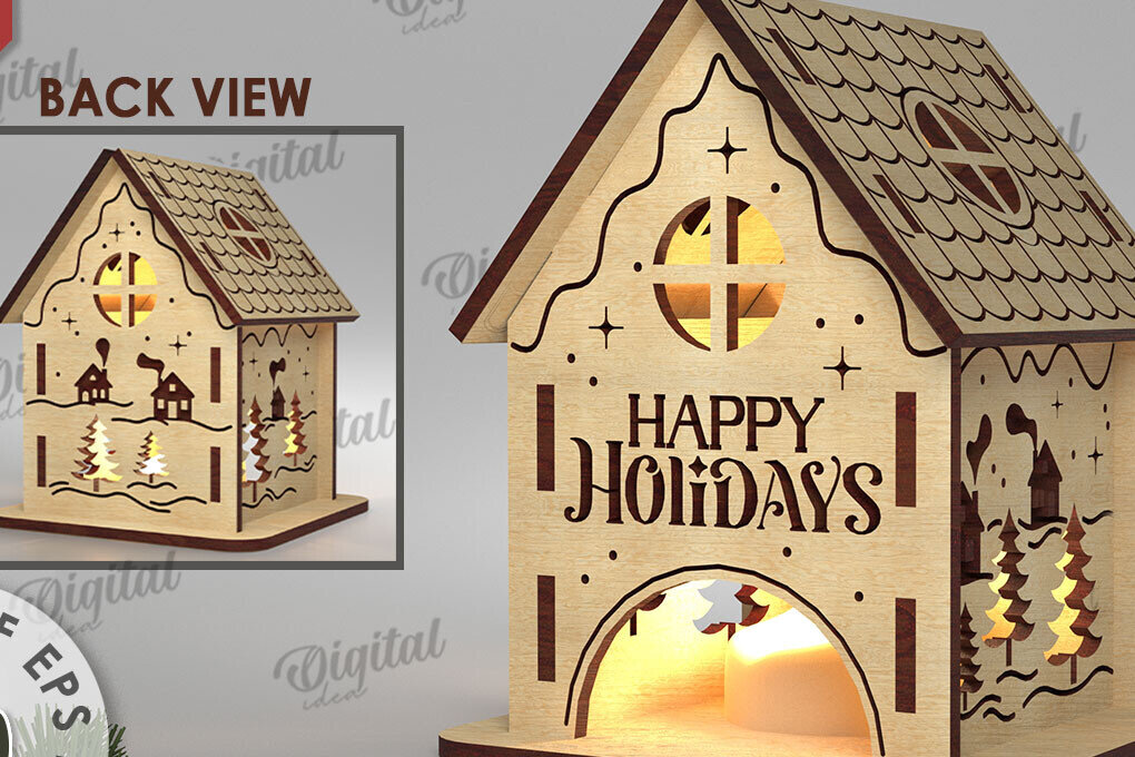 Intra απο ξύλο plywood 3mm-4mm πάχος Χριστουγεννιάτικο Σπίτι Κηροπήγιο Δίασταση 15x15 cm INTRAFABR-108507588