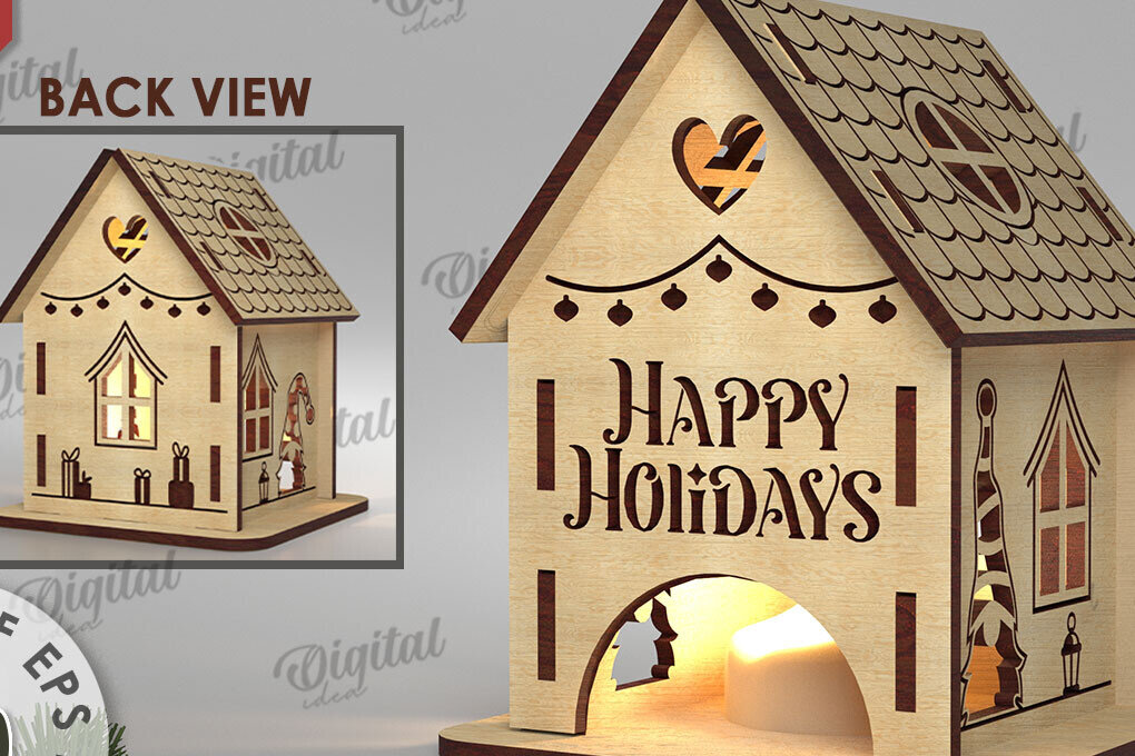 Intra απο ξύλο plywood 3mm-4mm πάχος Χριστουγεννιάτικο Σπίτι Κηροπήγιο Δίασταση 15x15 cm INTRAFABR-108507691