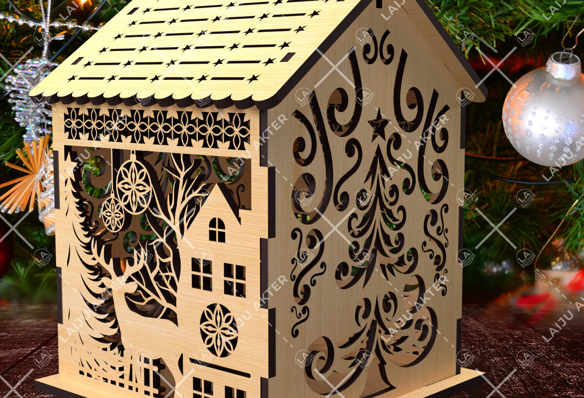 Intra απο ξύλο plywood 3mm-4mm πάχος 14 Cut Christmas House Δίασταση 15x15 cm INTRAFABR-84625043 - Image 3