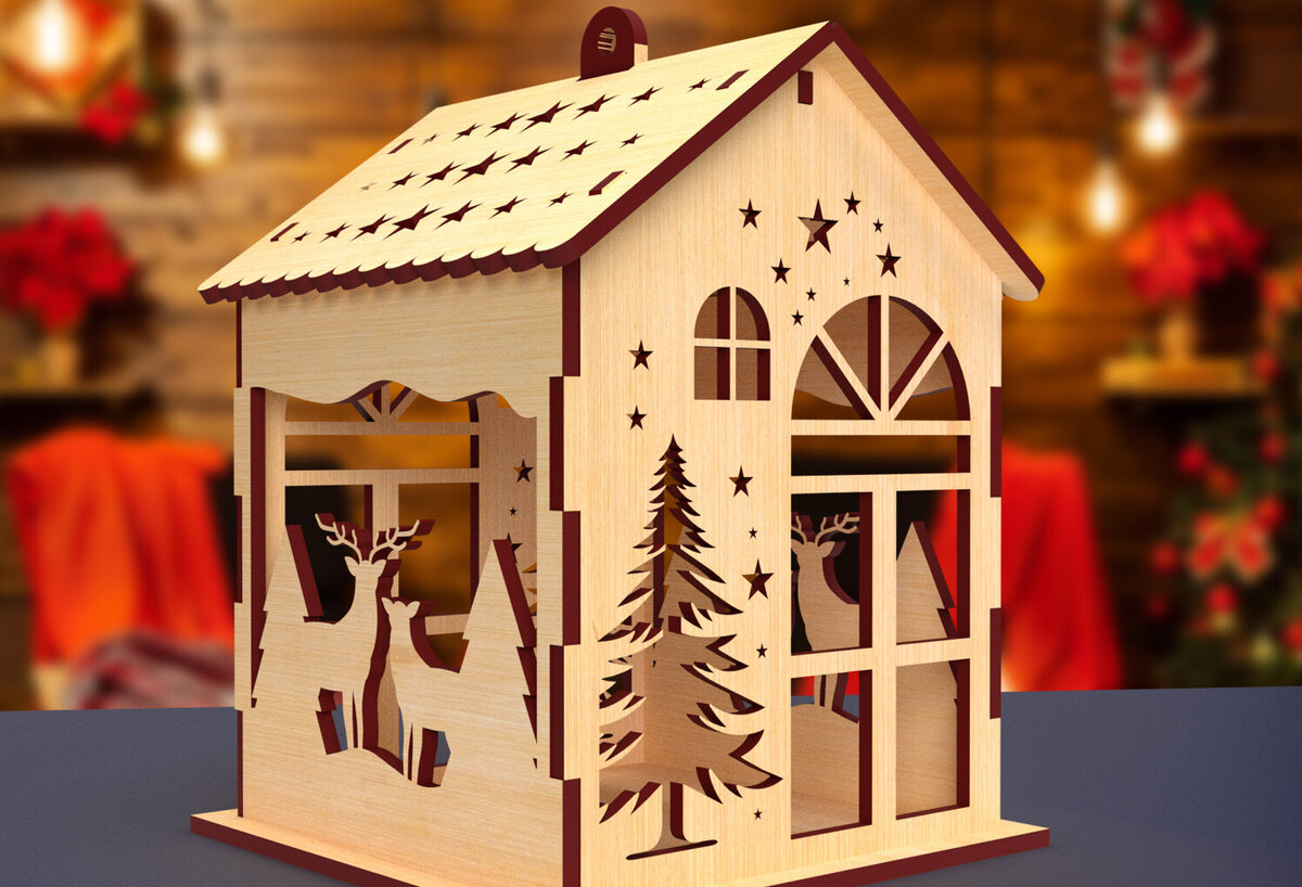 Intra απο ξύλο plywood 3mm-4mm πάχος κοπής με λέιζερ Χριστουγεννιάτικου σπιτιού03 Δίασταση 15x15 cm INTRAFABR-82065060