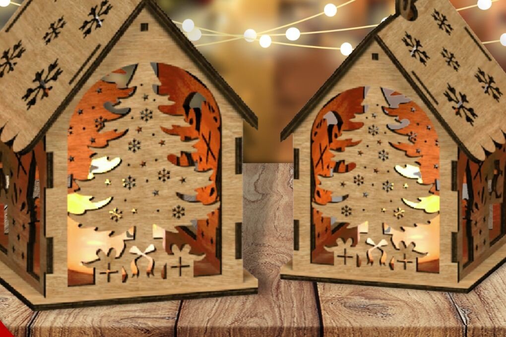 Intra απο ξύλο plywood 3mm-4mm πάχος Χριστουγεννιάτικο σπίτι με λέιζερ Δίασταση 15x15 cm INTRAFABR-48287746