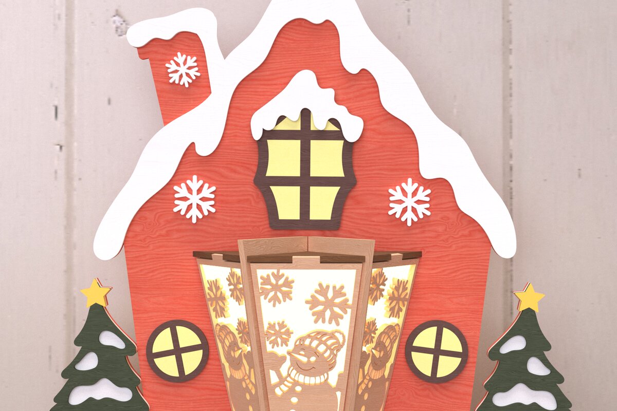 Intra απο ξύλο plywood 3mm-4mm πάχος Χριστουγεννιάτικο σπίτι με φανάρι χιονάνθρωπος Δίασταση 30x20 cm INTRAFABR-108902511