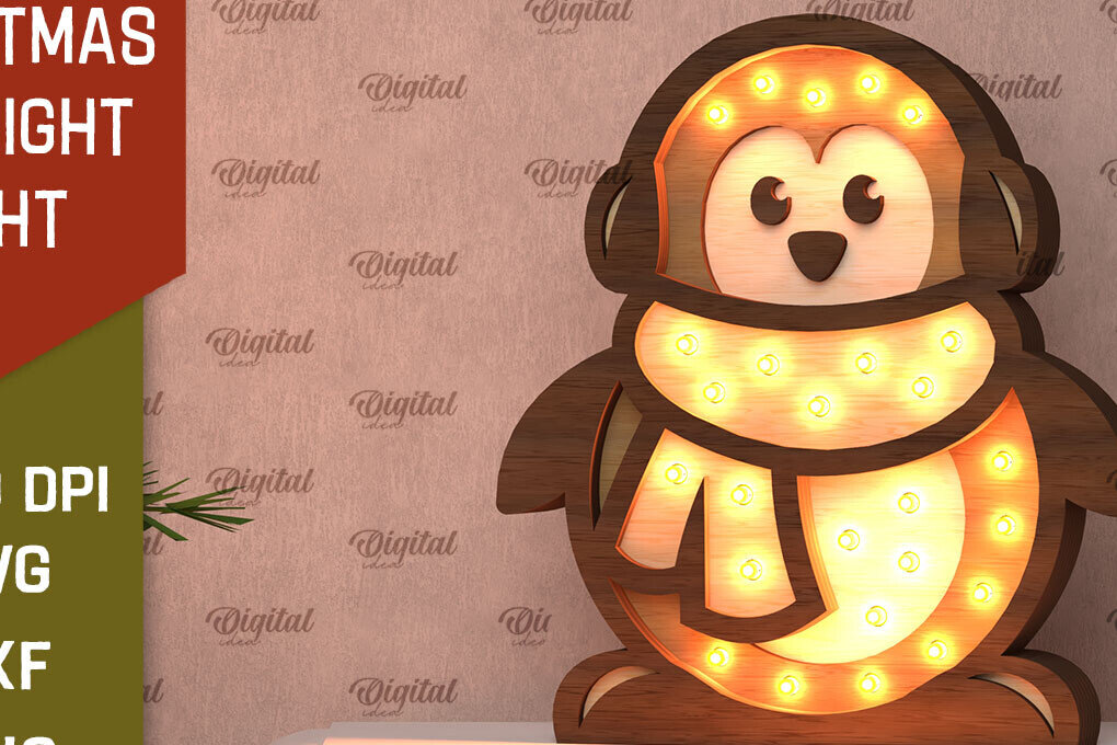 Intra απο ξύλο plywood 3mm-4mm πάχος Χριστουγεννιάτικο Penguin Led Nightlight Δίασταση 15x15 cm INTRAFABR-107832260 - Image 1