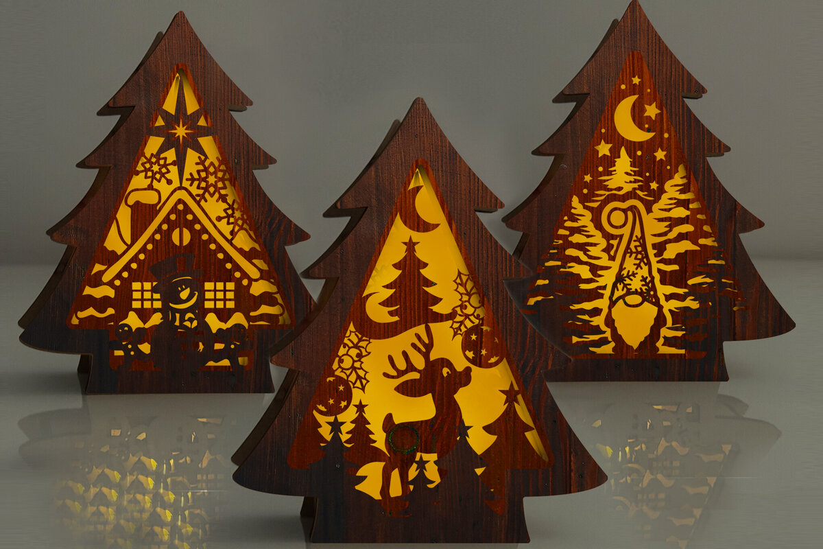 Intra απο ξύλο plywood 3mm-4mm πάχος - Χριστουγεννιάτικο Δέντρο - Νυχτερινό Φως - Σετ 3 τεμ Δίασταση 5x6 cm INTRAFABR-108397802