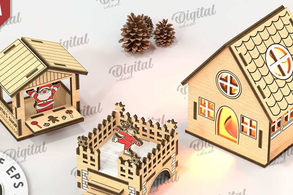 Intra απο ξύλο plywood 3mm-4mm πάχος - Χριστουγεννιάτικου χωριού. Χριστουγεννιάτικη διακόσμηση Δίασταση 15x15 cm INTRAFABR-110110503