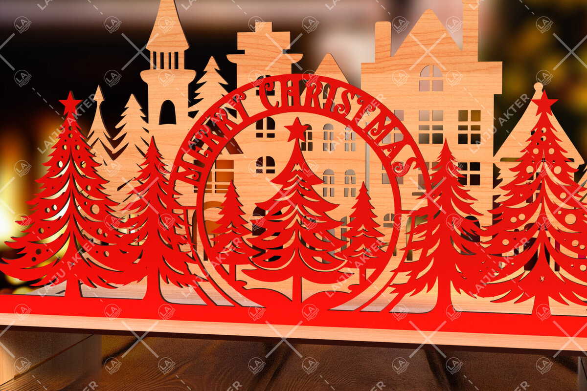Intra απο ξύλο plywood 3mm-4mm πάχος - Χριστουγεννιάτικο χωριό Scene Laser Cut  Δίασταση 15x15 cm INTRAFABR-106822854