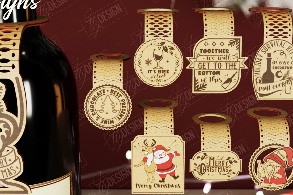Intra απο ξύλο plywood 3mm-4mm πάχος - Πακέτο ετικέτας χριστουγεννιάτικου μπουκαλιού κρασιού | CNC Δίασταση 15x15 cm INTRAFABR-111361082
