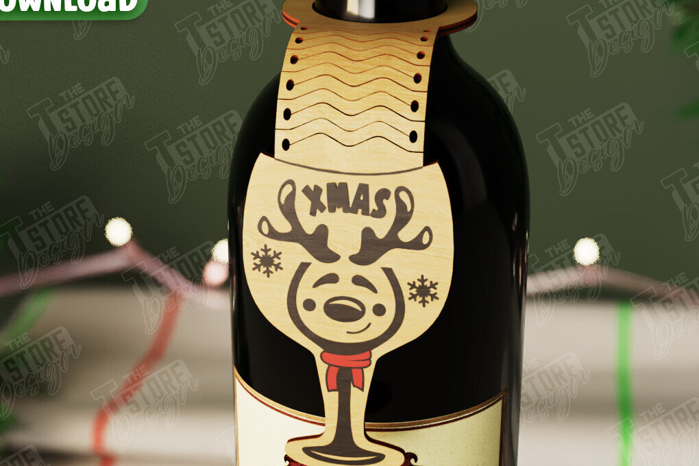 Intra απο ξύλο plywood 3mm-4mm πάχος - Χριστουγεννιάτικο μπουκάλι κρασιού Ετικέτα | Ετικέτα διακοπών Δίασταση 15x15 cm INTRAFABR-108586281
