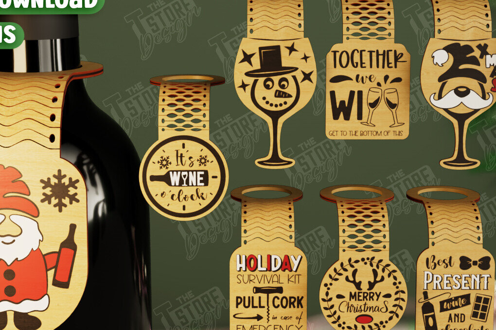 Intra απο ξύλο plywood 3mm-4mm πάχος - Χριστουγεννιάτικο μπουκάλι κρασιού Πακέτο ετικετών | CNC Δίασταση 15x15 cm INTRAFABR-108587758