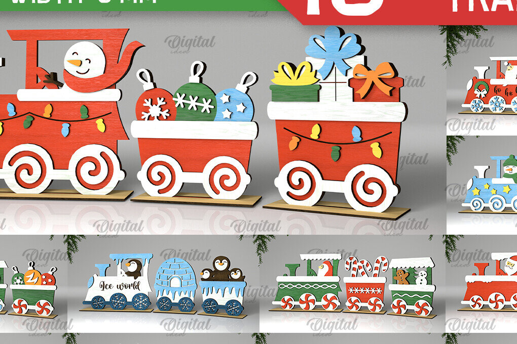 Intra απο ξύλο plywood 3mm-4mm πάχος - Χριστουγεννιάτικα ξύλινα τρένα με κομμένο λέιζερ Δίασταση 15x15 cm INTRAFABR-105128365