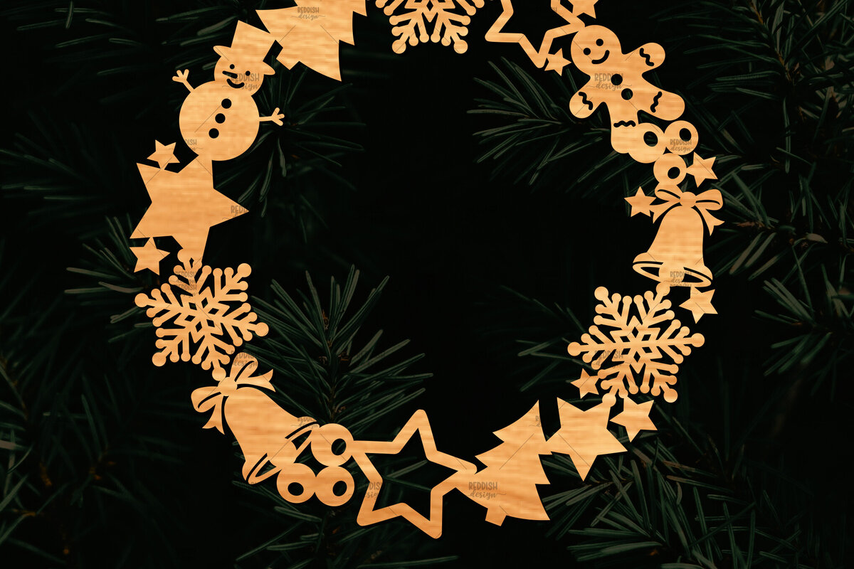 Intra απο ξύλο plywood 3mm-4mm πάχος - Χριστουγεννιάτικο στεφάνι τρισδιάστατο σχέδιο κοπής με λέιζερ Δίασταση 20x20 cm INTRAFABR-109213709
