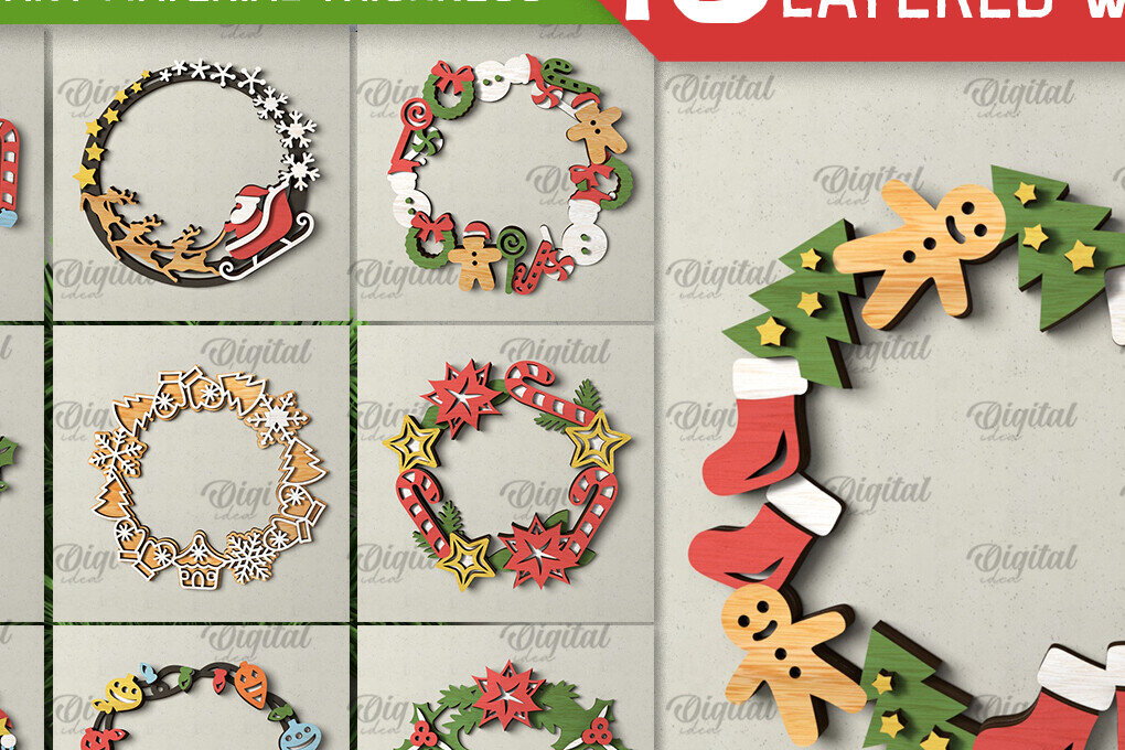 Intra απο ξύλο plywood 3mm-4mm πάχος - Χριστουγεννιάτικα στεφάνια κομμένα με λέιζερ Δίασταση 15x15 cm INTRAFABR-105130343