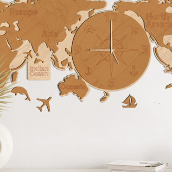 Intra απο ξύλο plywood 3mm-4mm πάχος - Παγκόσμιος χάρτης ρολογιού Ξύλινη τέχνη τοίχων Δίασταση 80x38 cm INTRAFABR-68835195 - Image 1