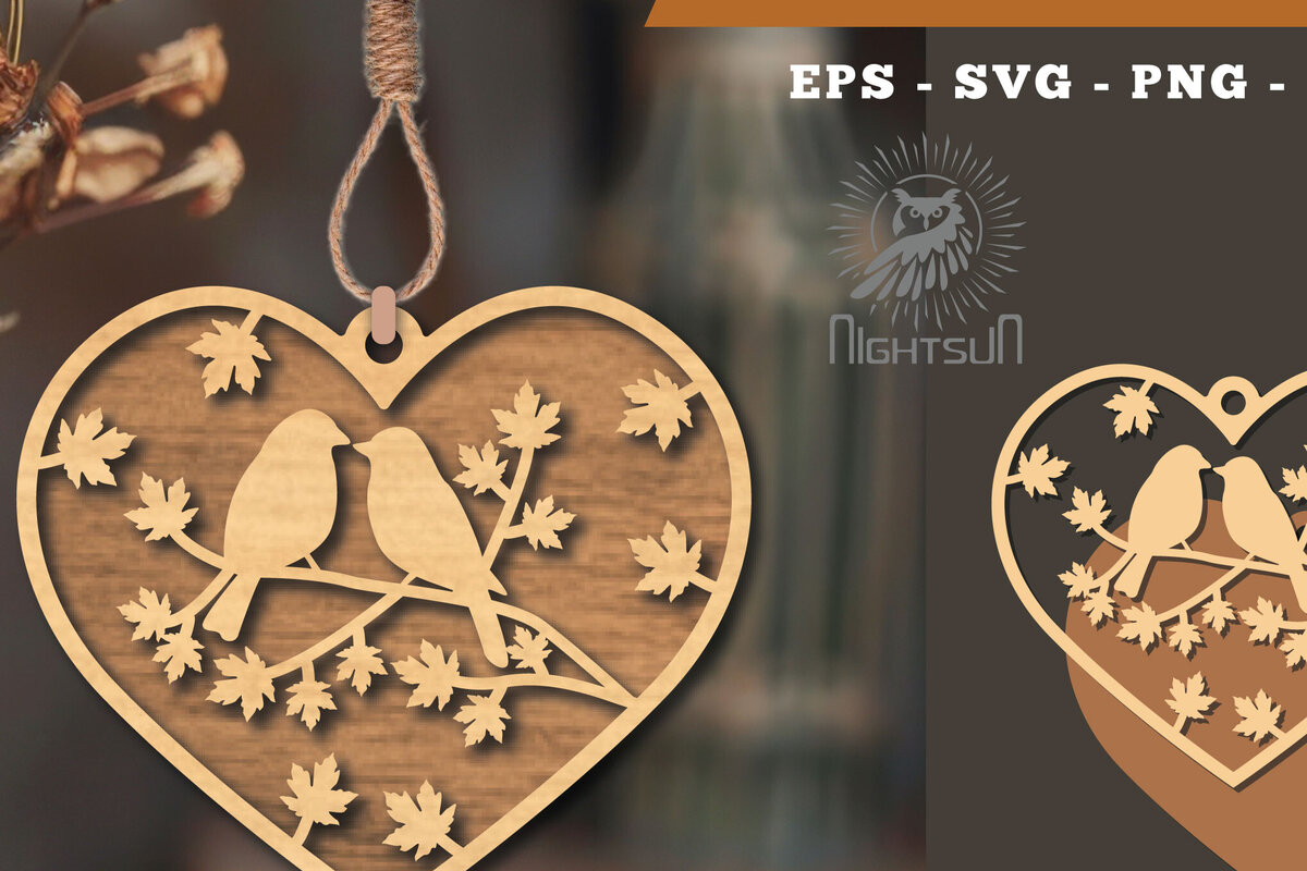 Intra απο ξύλο plywood 3mm-4mm πάχος - Στολίδι κοπής με λέιζερ Couple Birds 3 Δίασταση 6x6 cm INTRAFABR-114305436