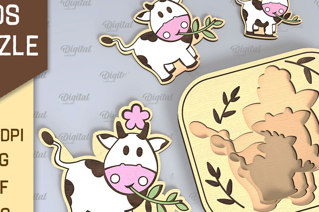 Intra απο ξύλο plywood 3mm-4mm πάχος - Cow Family Puzzle Σχέδιο κοπής με λέιζερ Δίασταση 30x20 cm INTRAFABR-108371528