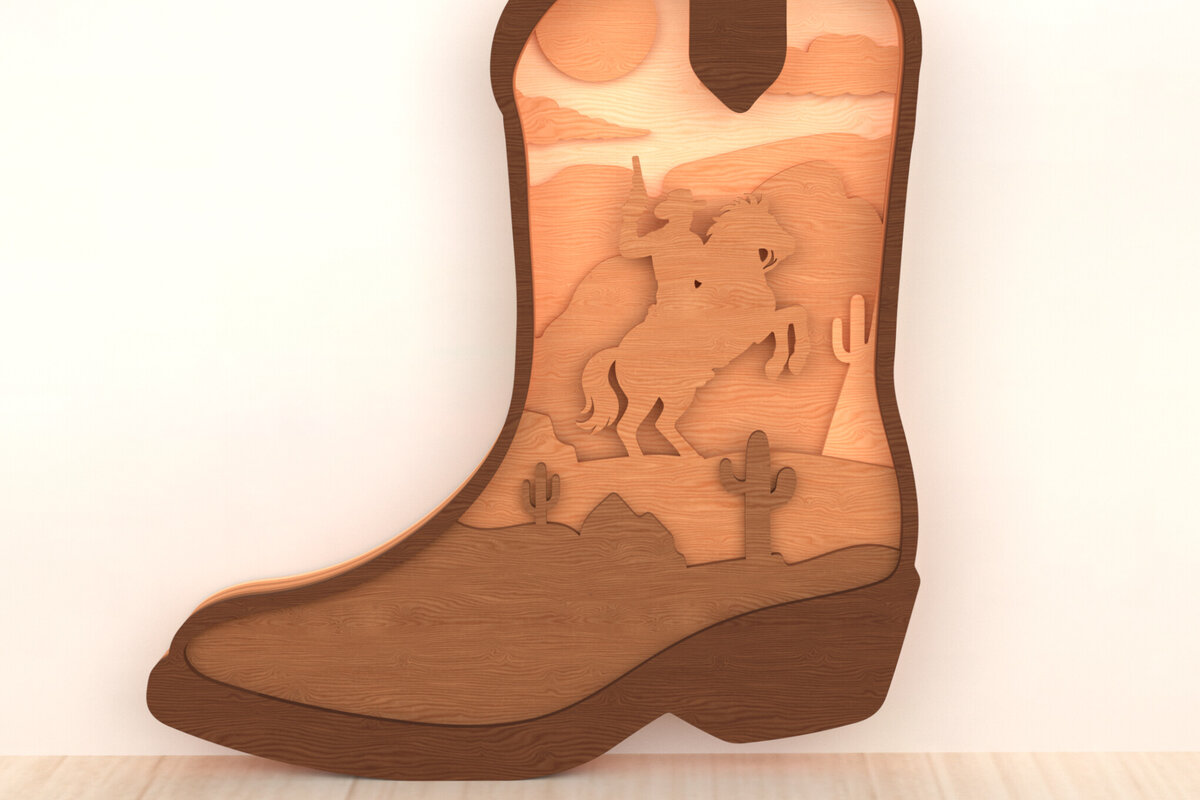 Intra απο ξύλο plywood 3mm-4mm πάχος - Τρισδιάστατη σκηνή άγριας δύσης Cowboy Boot Δίασταση 30x20 cm INTRAFABR-119868274