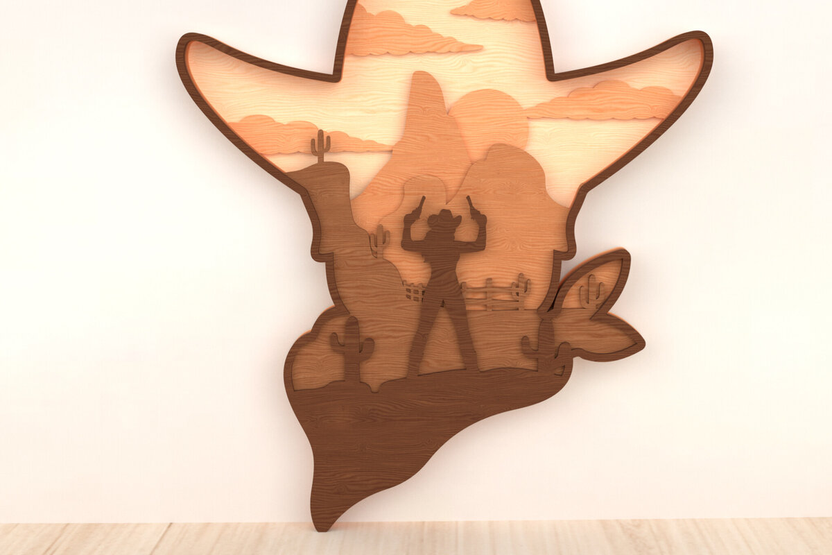 Intra απο ξύλο plywood 3mm-4mm πάχος - Cowboy Duel Wild West Layered Wall Art Δίασταση 40x50 cm INTRAFABR-119868235