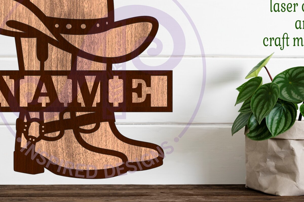 Intra απο ξύλο plywood 3mm-4mm πάχος - Σχέδιο ονόματος καπέλο και μπότες καουμπόη Δίασταση 30x20 cm INTRAFABR-99803659