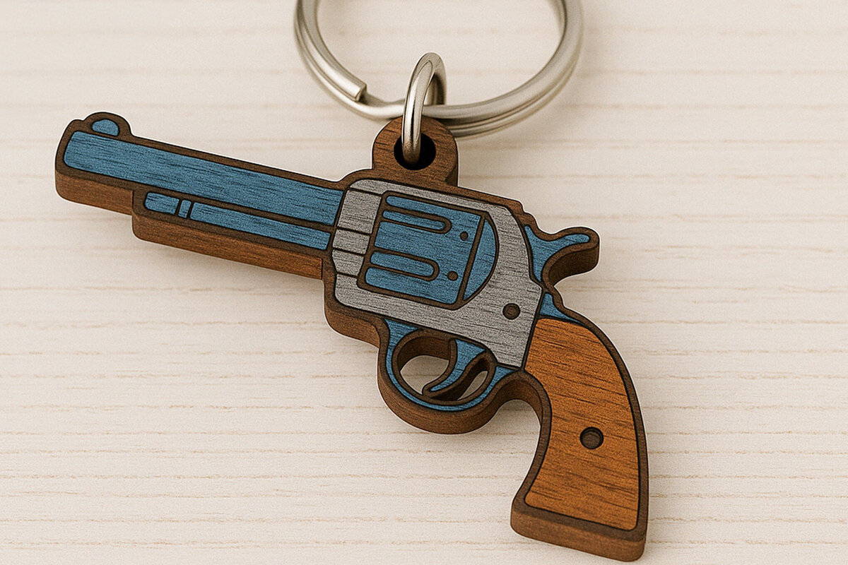 Intra απο ξύλο plywood 3mm-4mm πάχος - Μπρελόκ Cowboy Revolver Δίασταση 4x4 cm INTRAFABR-120896851