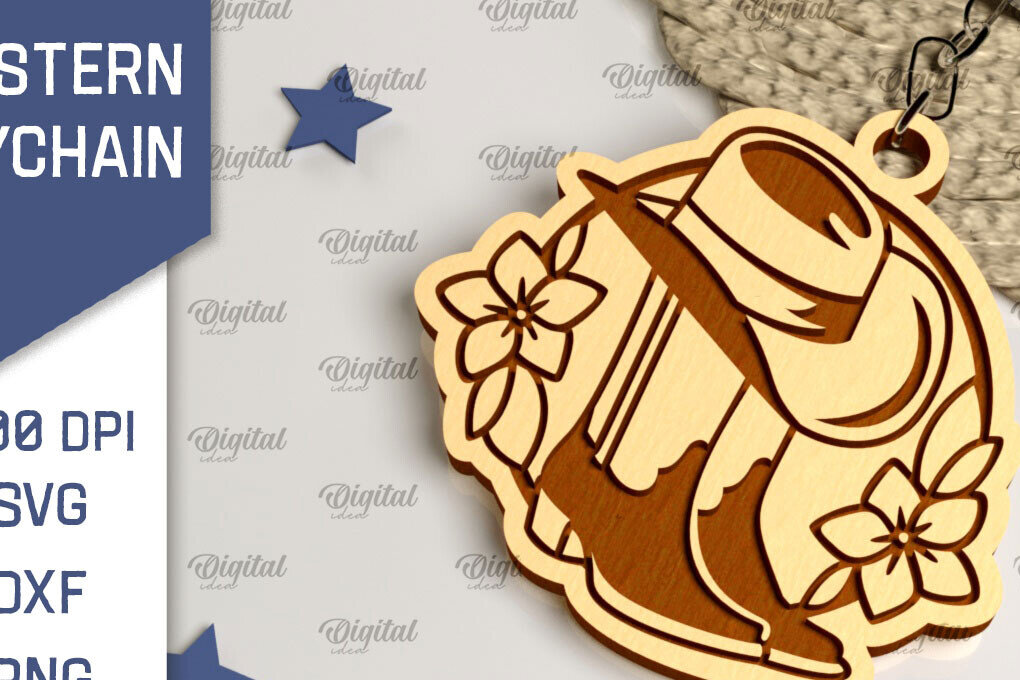 Intra απο ξύλο plywood 3mm-4mm πάχος - Cowboy Western Keychain Laser Cut Δίασταση 4x4 cm INTRAFABR-99200250