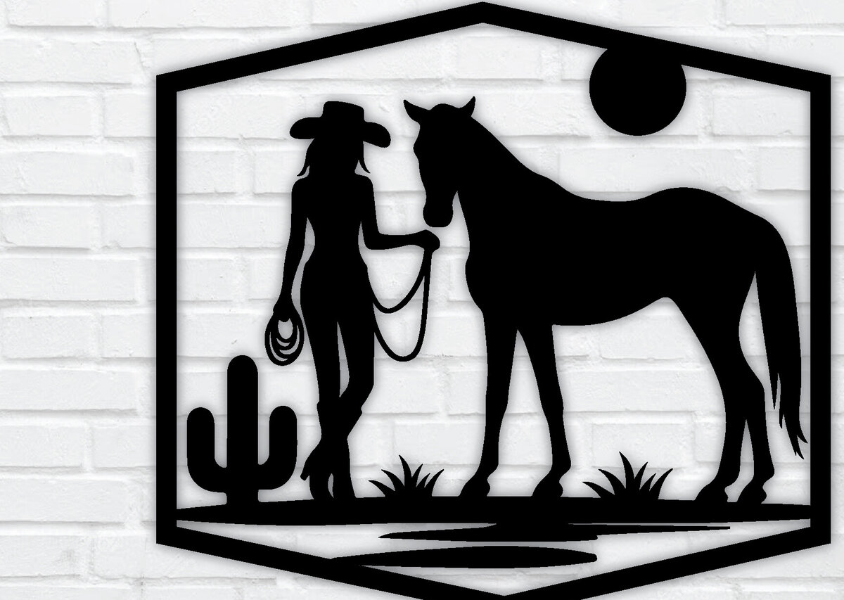 Intra απο ξύλο plywood 3mm-4mm πάχος - Cowgirl Horse Laser Cut Metal Sign, DXF Δίασταση 40x50 cm INTRAFABR-96743425