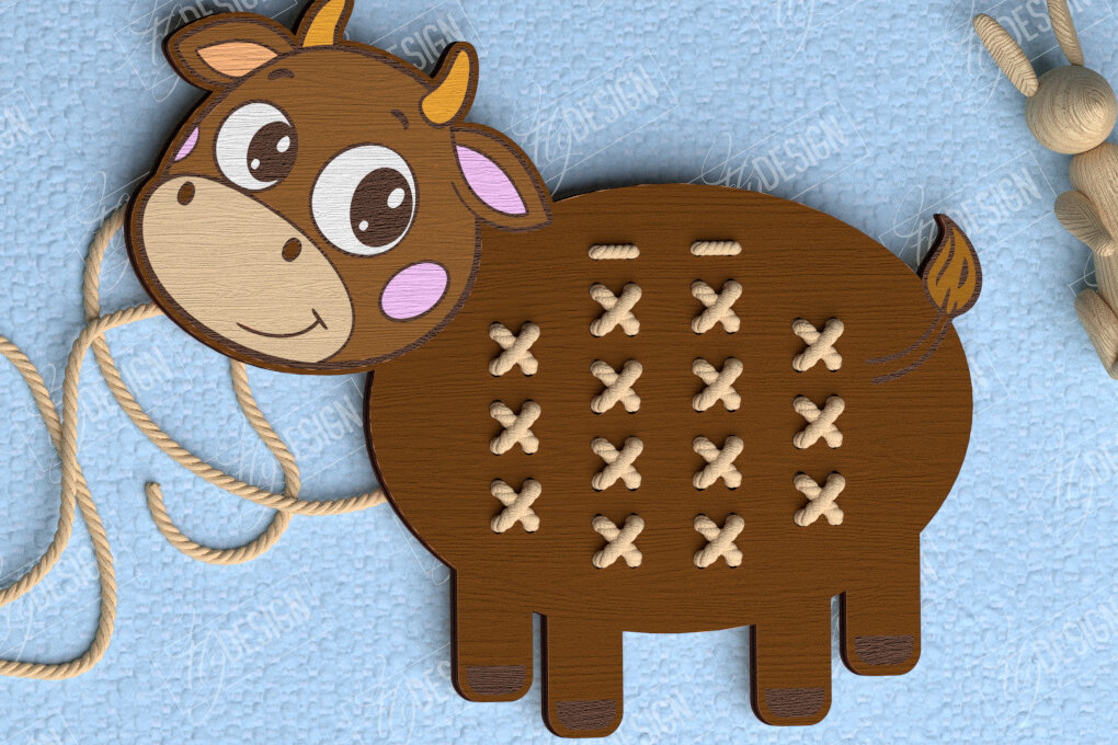 Intra απο ξύλο plywood 3mm-4mm πάχος - Cross Stitch Cow | Montessori Lacing Δίασταση 15x15 cm INTRAFABR-114001835