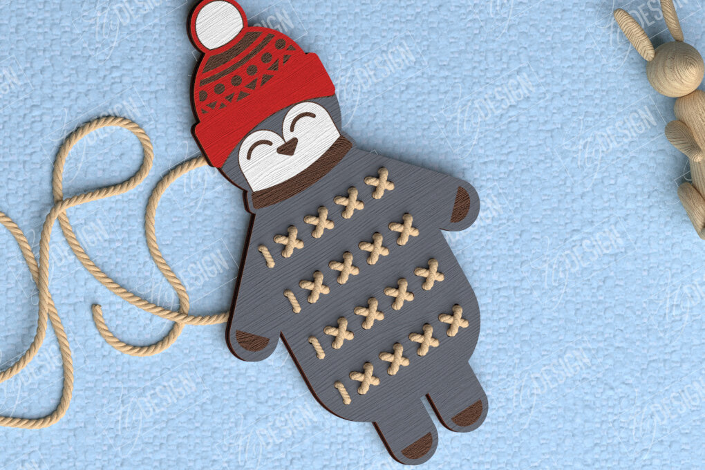 Intra απο ξύλο plywood 3mm-4mm πάχος - Cross Stitch Penguin | Montessori Lacing Δίασταση 15x15 cm INTRAFABR-114001920