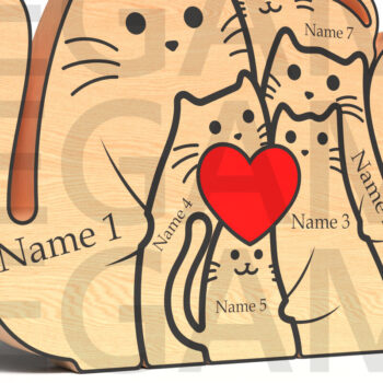 Intra απο ξύλο plywood 3mm-4mm πάχος - Προσαρμοσμένη Οικογένεια Γάτας 7 με Καρδιά Δίασταση 20x20 cm INTRAFABR-121637309 - Image 2