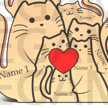 Intra απο ξύλο plywood 3mm-4mm πάχος - Προσαρμοσμένη οικογένεια 8 γατών με καρδιά Δίασταση 20x20 cm INTRAFABR-121637305 - Image 1