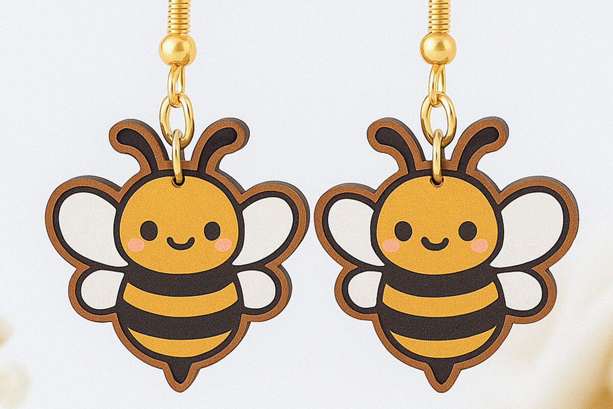 Intra απο ξύλο plywood 3mm-4mm πάχος - Cute Bee Earrings  Laser Cut Δίασταση 3x3 cm INTRAFABR-120635765