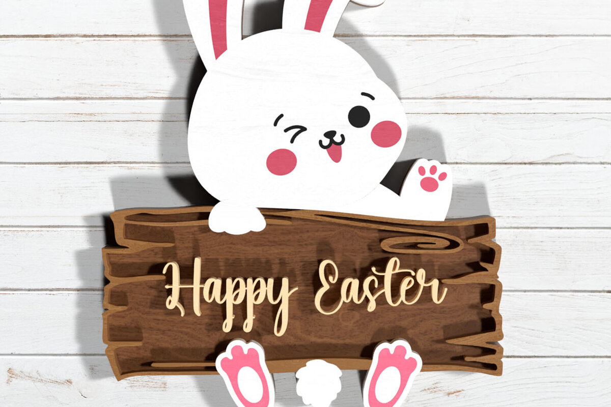 Intra απο ξύλο plywood 3mm-4mm πάχος - Χαριτωμένο Πασχαλινό λαγουδάκι , Happy Sign Wood Δίασταση 4x4 cm INTRAFABR-117013219