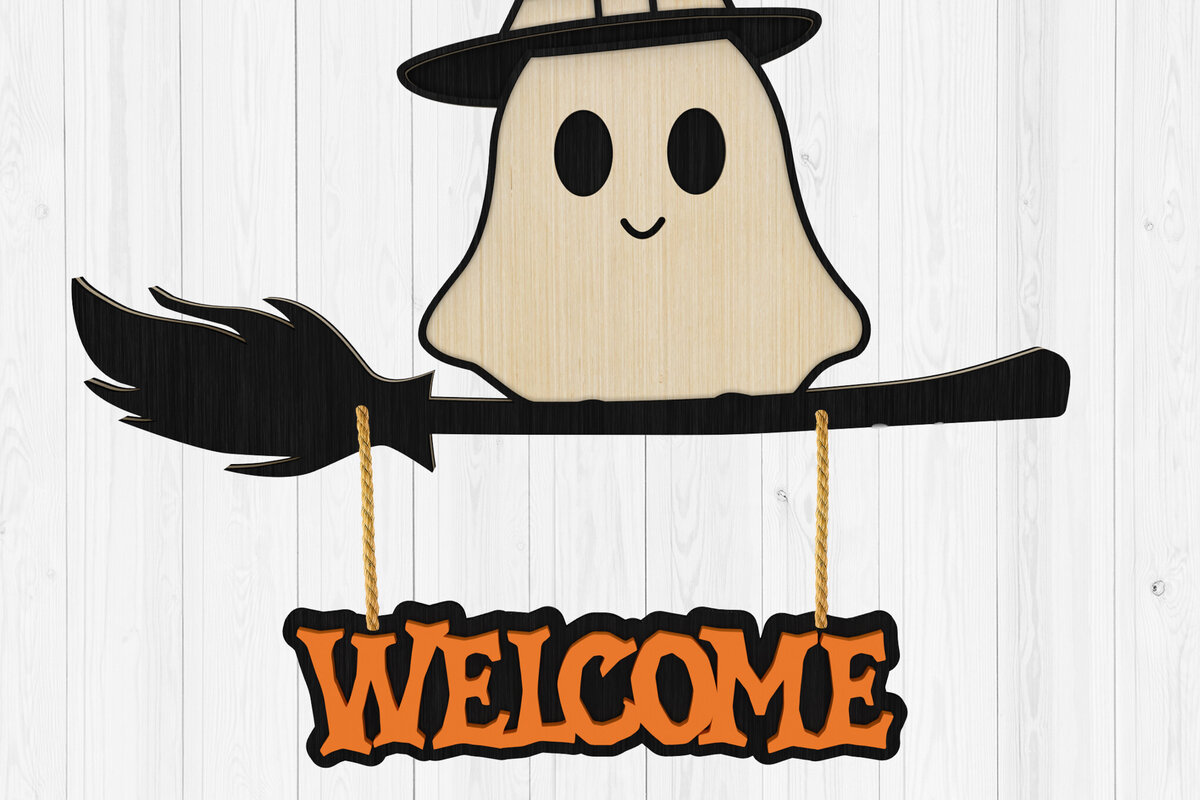 Intra απο ξύλο plywood 3mm-4mm πάχος - Χαριτωμένο φάντασμα Απόκριες καλωσορίσματος  3d Δίασταση 30x20 cm INTRAFABR-103111223