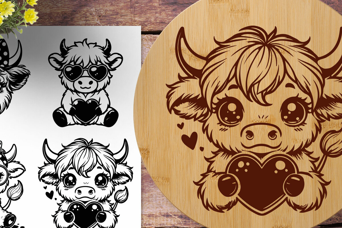 Intra απο ξύλο plywood 3mm-4mm πάχος - Cute Highland Cow  | Χαραγμένο με λέιζερ Δίασταση 30x20 cm INTRAFABR-124640988