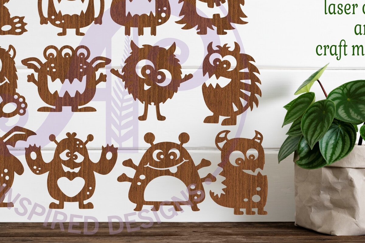 Intra απο ξύλο plywood 3mm-4mm πάχος - Χαριτωμένο Monster Silhouette Σχήμα κοπής με λέιζερ Δίασταση 30x20 cm INTRAFABR-98305941