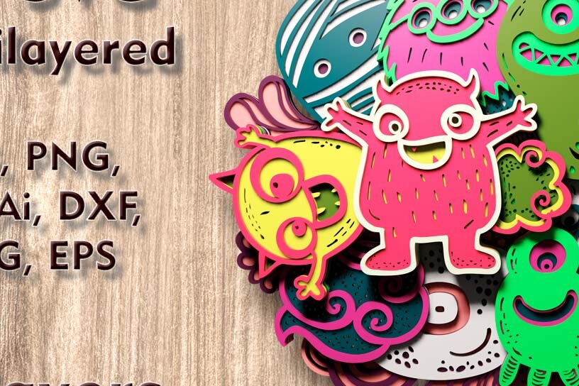 Intra απο ξύλο plywood 3mm-4mm πάχος - Αρχεία πολλαπλών επιπέδων 3D  Cute Monsters Δίασταση 4x9 cm INTRAFABR-109512121