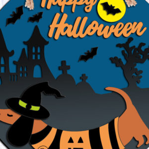Intra απο ξύλο plywood 3mm-4mm πάχος - Κρεμάστρα πόρτας Dachshund Happy Halloween Δίασταση 15x15 cm INTRAFABR-103581657