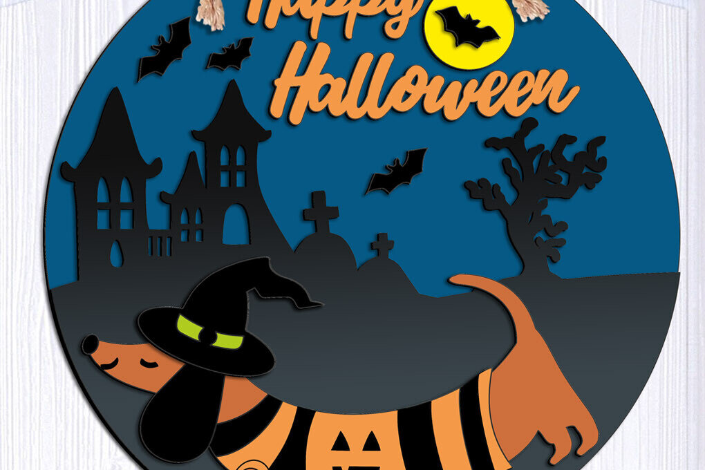 Intra απο ξύλο plywood 3mm-4mm πάχος - Κρεμάστρα πόρτας Dachshund Happy Halloween Δίασταση 15x15 cm INTRAFABR-103581657