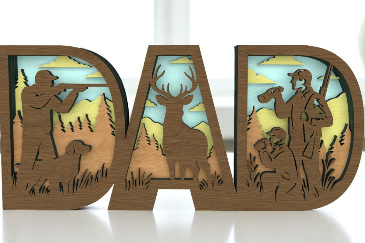 Intra απο ξύλο plywood 3mm-4mm πάχος - Σκηνή κυνηγιού μπαμπά τρισδιάστατη πινακίδα με στρώσεις Δίασταση 6x6 cm INTRAFABR-122427356