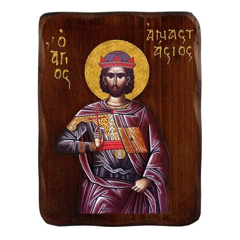 Εικόνα Ορθοδοξίας με περίγραμμα χρυσό σε ξύλο Φλαμουρίας  με  βάση Εικόνα Αγίου Αναστασίου, Χειροποίητη Ελληνορθόδοξη εικόνα του Αγίου Αναστασίου, επιτοίχια πλάκα βυζαντινής τέχνης, θρησκευτικό δώρο, χριστιανική διακόσμηση Διάσταση 50x40 cm (19,7 x 15,8 ίντσες)  INTRAEK-6543216723966