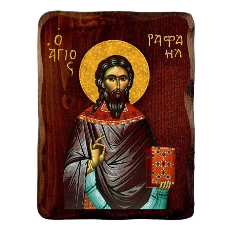 Εικόνα Ορθοδοξίας με περίγραμμα χρυσό σε ξύλο Φλαμουρίας  με  βάση Εικόνα Αγίου Ραφαήλ, Χειροποίητη ελληνορθόδοξη εικόνα του Αγίου Νικολάου, επιτοίχια πλάκα βυζαντινής τέχνης, θρησκευτικό δώρο, χριστιανική διακόσμηση Διάσταση 45x35 cm (17,7 x 13,8 ίντσες) INTRAEK-543216723948