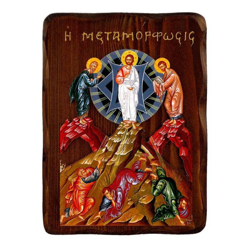 Εικόνα Ορθοδοξίας με περίγραμμα χρυσό σε ξύλο Φλαμουρίας  με  βάση Εικόνα της Μεταμόρφωσης του Σωτήρος, Χειροποίητη εικόνα της Μεταμόρφωσης, Βυζαντινή επιτοίχια πλάκα, θρησκευτικό δώρο, χριστιανική διακόσμηση Διάσταση 50x40 cm (19,7 x 15,8 ίντσες)  INTRAEK-6543216723944