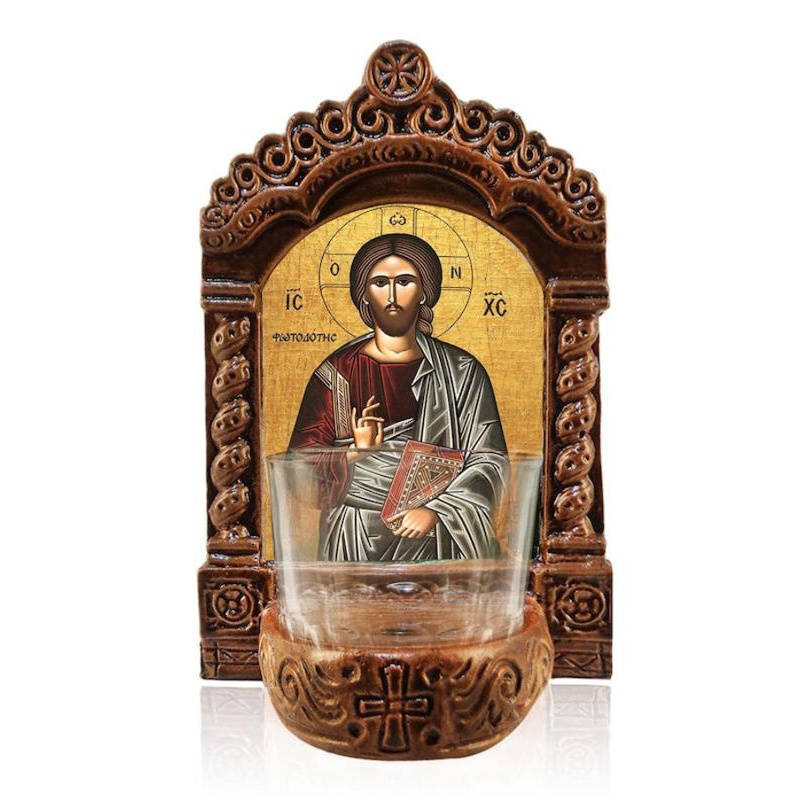 Εικόνα Ορθοδοξίας με περίγραμμα χρυσό σε ξύλο Φλαμουρίας  με  βάση Φωτιστικό Ιησού Χριστού, Ιησούς Χριστός ο Φωτοδότης Ελληνικής κατασκευής Επιτραπέζιο Εικονίδιο, Χειροποίητο Κεραμικό Φωτιστικό με Γυάλινο Κύπελλο Διάσταση 50x40 cm (19,7 x 15,8 ίντσες)  INTRAEK-6543216723925